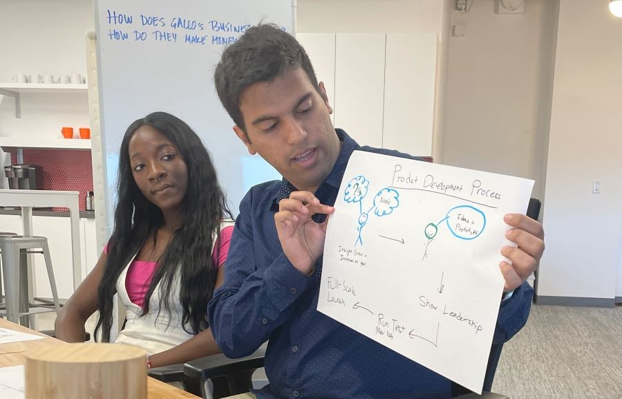 UC students share ideas during an innovation training in California.