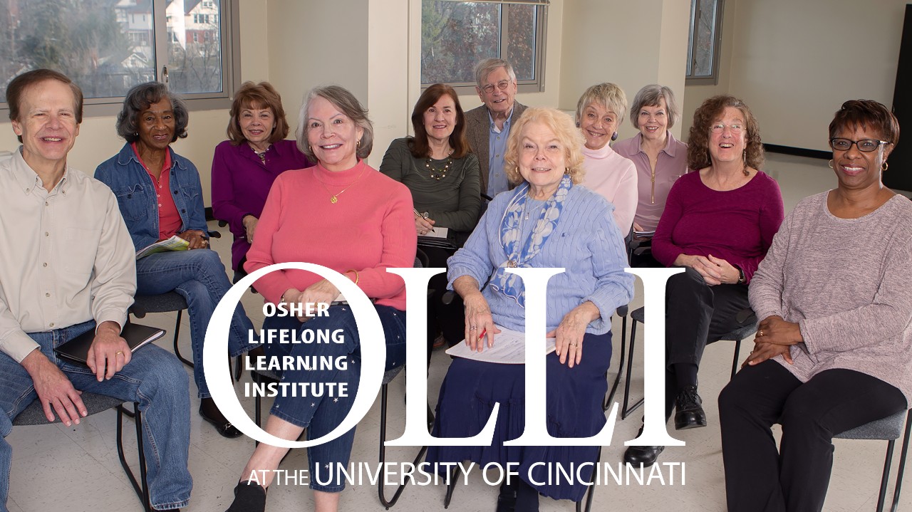 Group of students sitting in chairs smiling at the camera. OLLI logo superimposed over image.